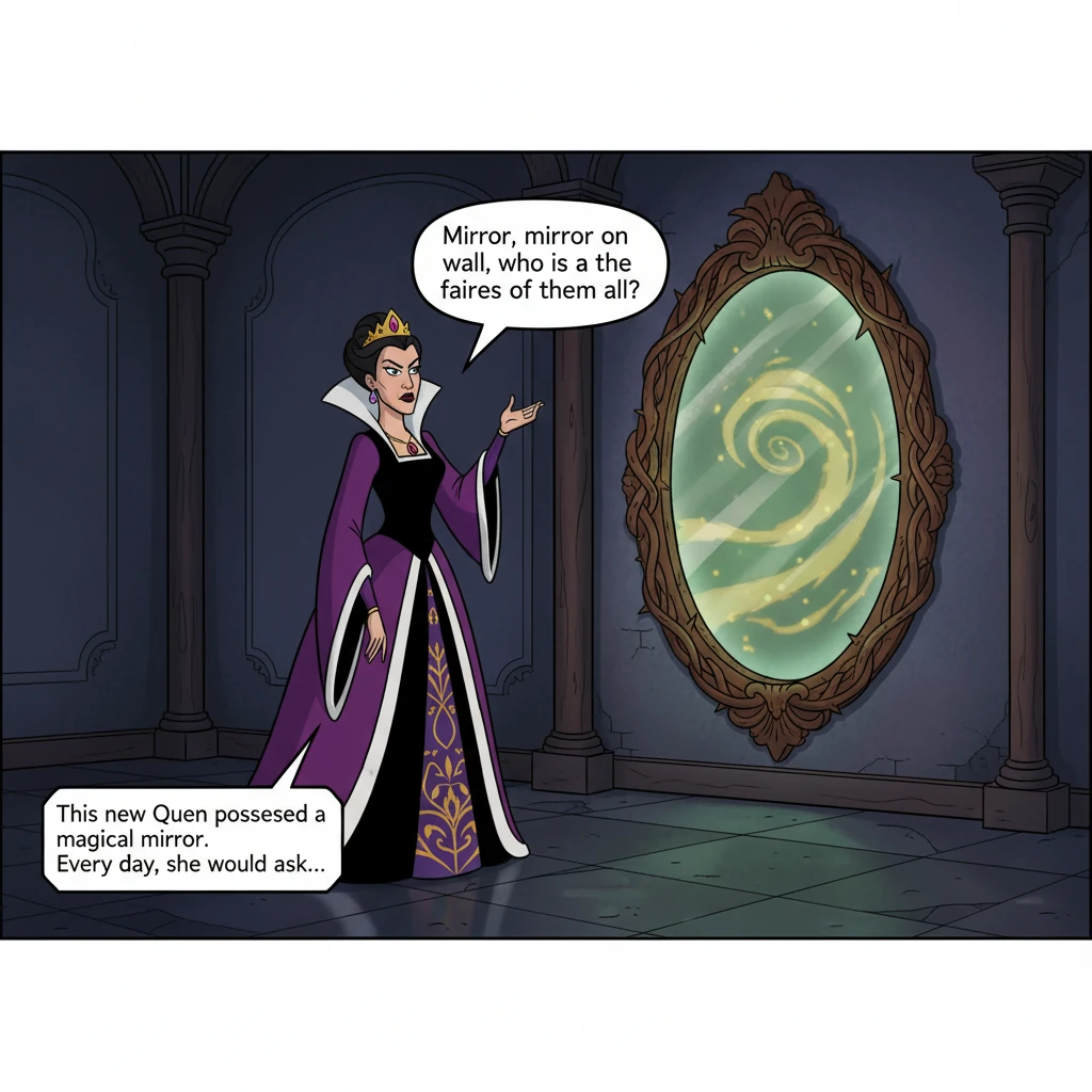 This new Queen possessed a magical mirror. Every day, she would ask, "Mirror, mirror on the wall, who is the fairest of them all?"