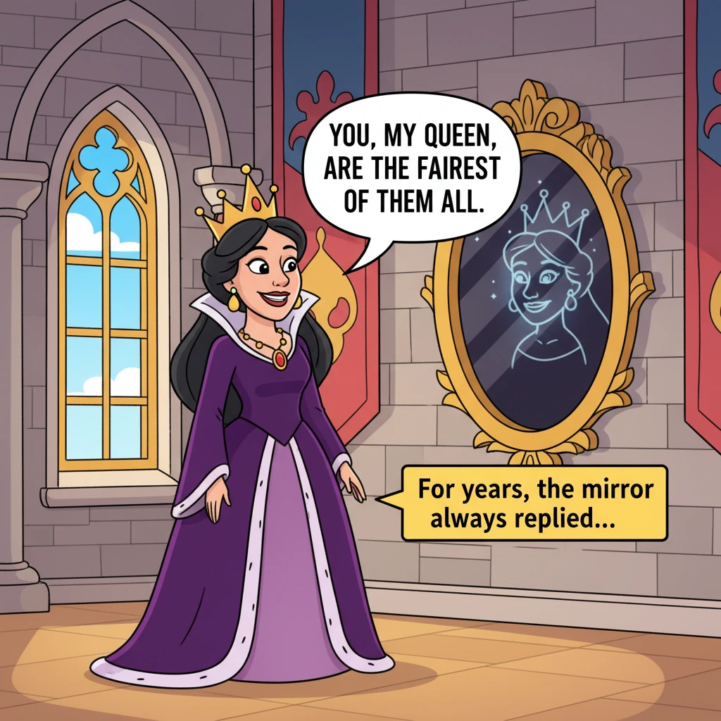 For years, the mirror always replied, "You, my Queen, are the fairest of them all." The Queen would smile, satisfied with its answer.