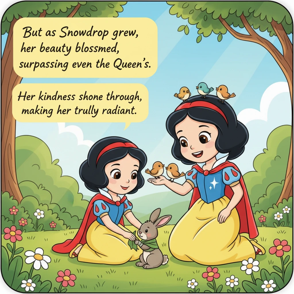But as Snowdrop grew, her beauty blossomed, surpassing even the Queen's. Her kindness shone through, making her truly radiant.