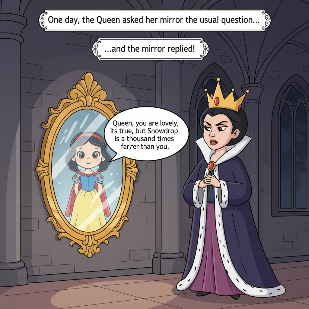 One day, the Queen asked her mirror the usual question. The mirror replied, "Queen, you are lovely, it is true, but Snowdrop is a thousand times faire