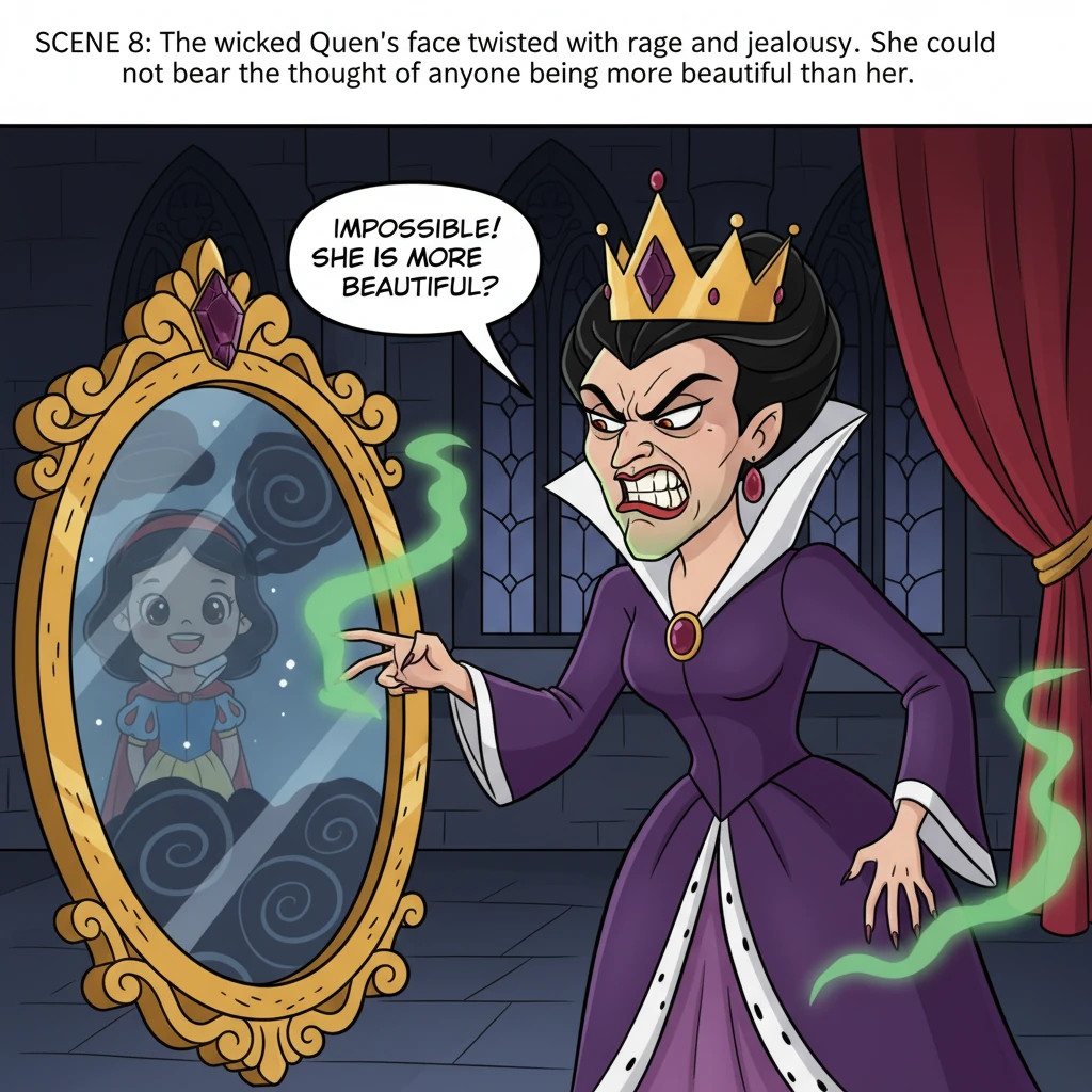 The wicked Queen's face twisted with rage and jealousy. She could not bear the thought of anyone being more beautiful than her.