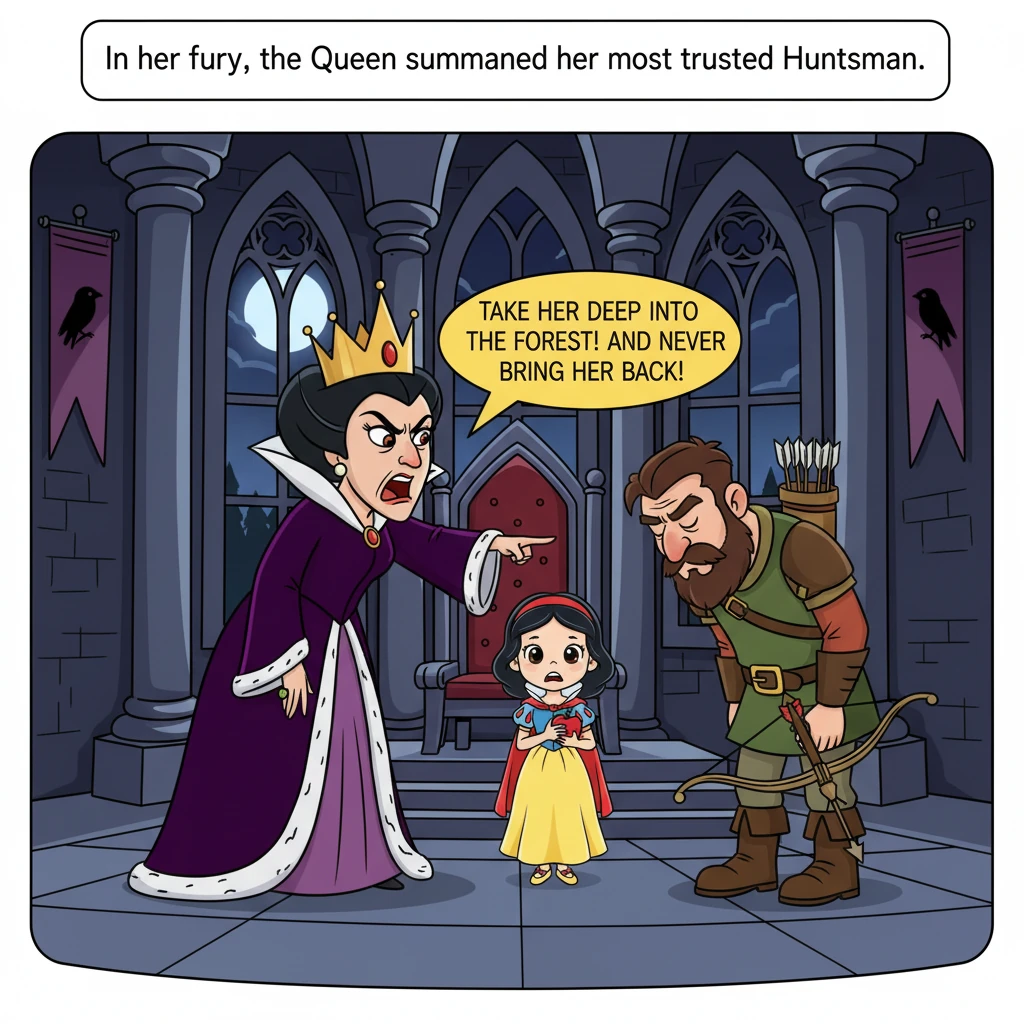 In her fury, the Queen summoned her most trusted Huntsman. She ordered him to take Snowdrop deep into the forest and never bring her back.