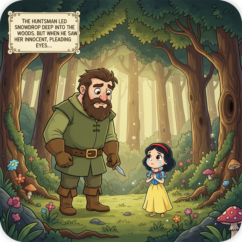The Huntsman led Snowdrop into the dense woods. But when he saw her innocent, pleading eyes, he couldn't bring himself to harm her.