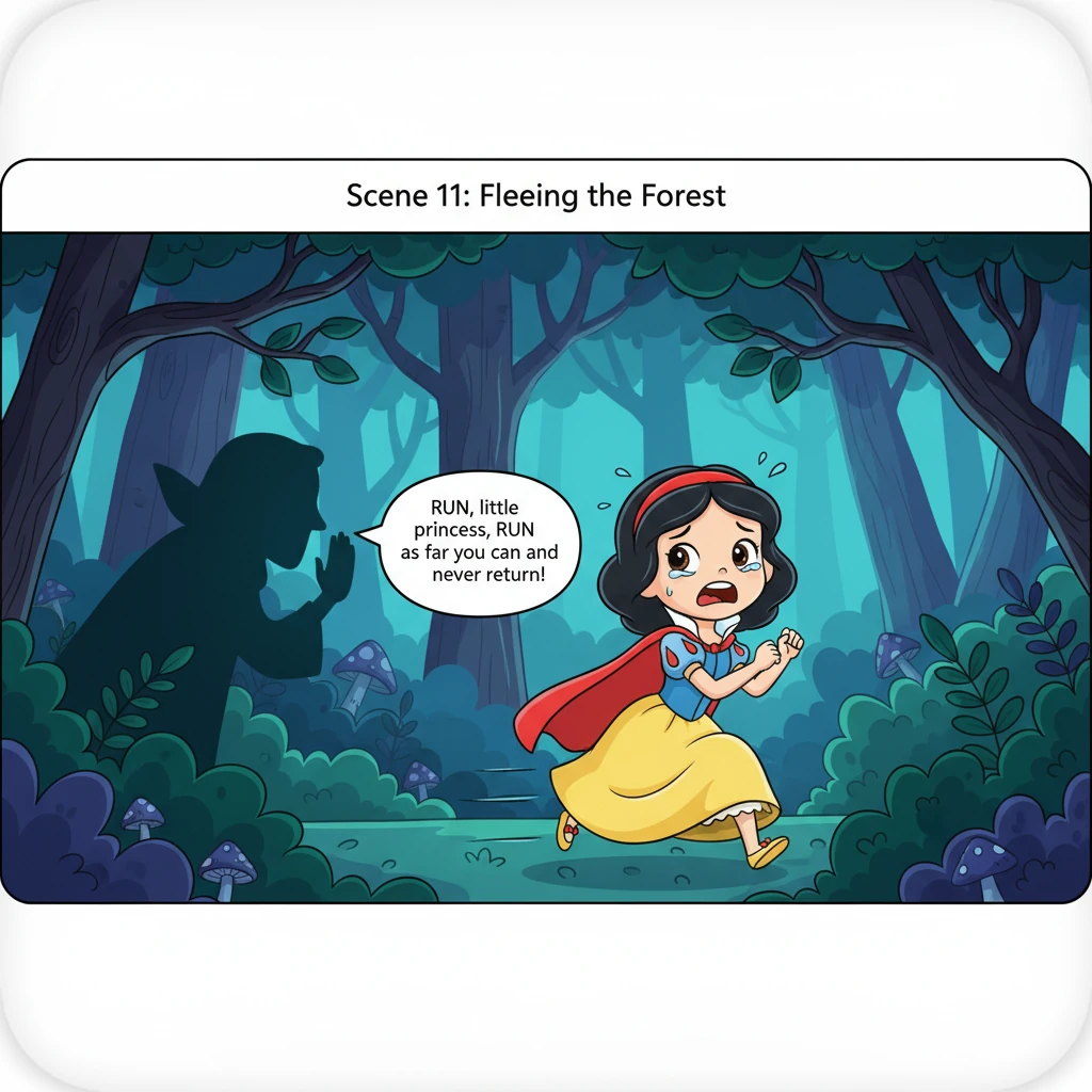 He whispered, "Run, little princess, run as far as you can and never return!" Snowdrop, terrified, fled deeper into the unknown forest.