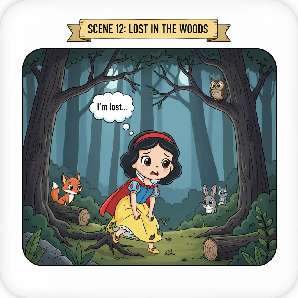 Lost and alone, Snowdrop wandered through the dark, spooky trees. The forest animals watched her with curious eyes as she stumbled forward.