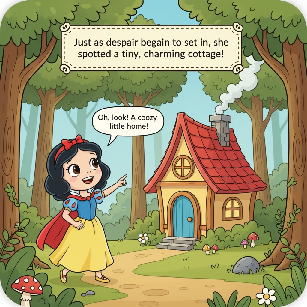 Just as despair began to set in, she spotted a tiny, charming cottage nestled among the trees. It had a welcoming little door and cozy windows.
