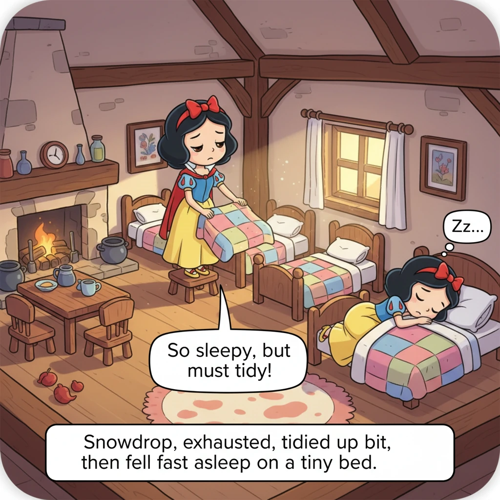 Inside, everything was miniature and tidy. Snowdrop, exhausted, cleaned up a bit and then fell asleep on one of the small beds.