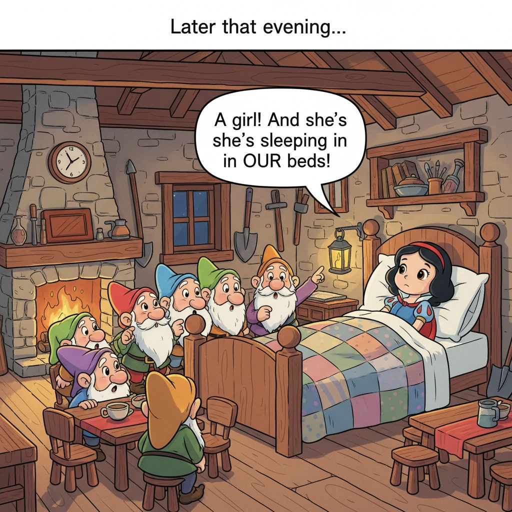 Later that evening, seven little men, the Dwarfs, returned home from their work in the mines. They were surprised to find a beautiful girl sleeping in