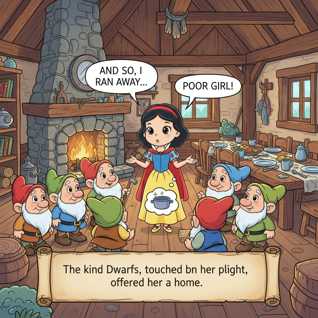 Snowdrop woke up and bravely told them her story. The kind Dwarfs, touched by her plight, offered her a home if she would cook and clean for them.