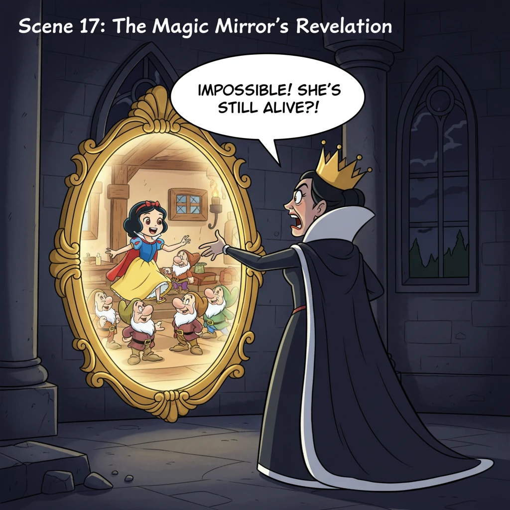 Back at the castle, the Queen consulted her magic mirror again. To her horror, the mirror revealed that Snowdrop was still alive and living with the S