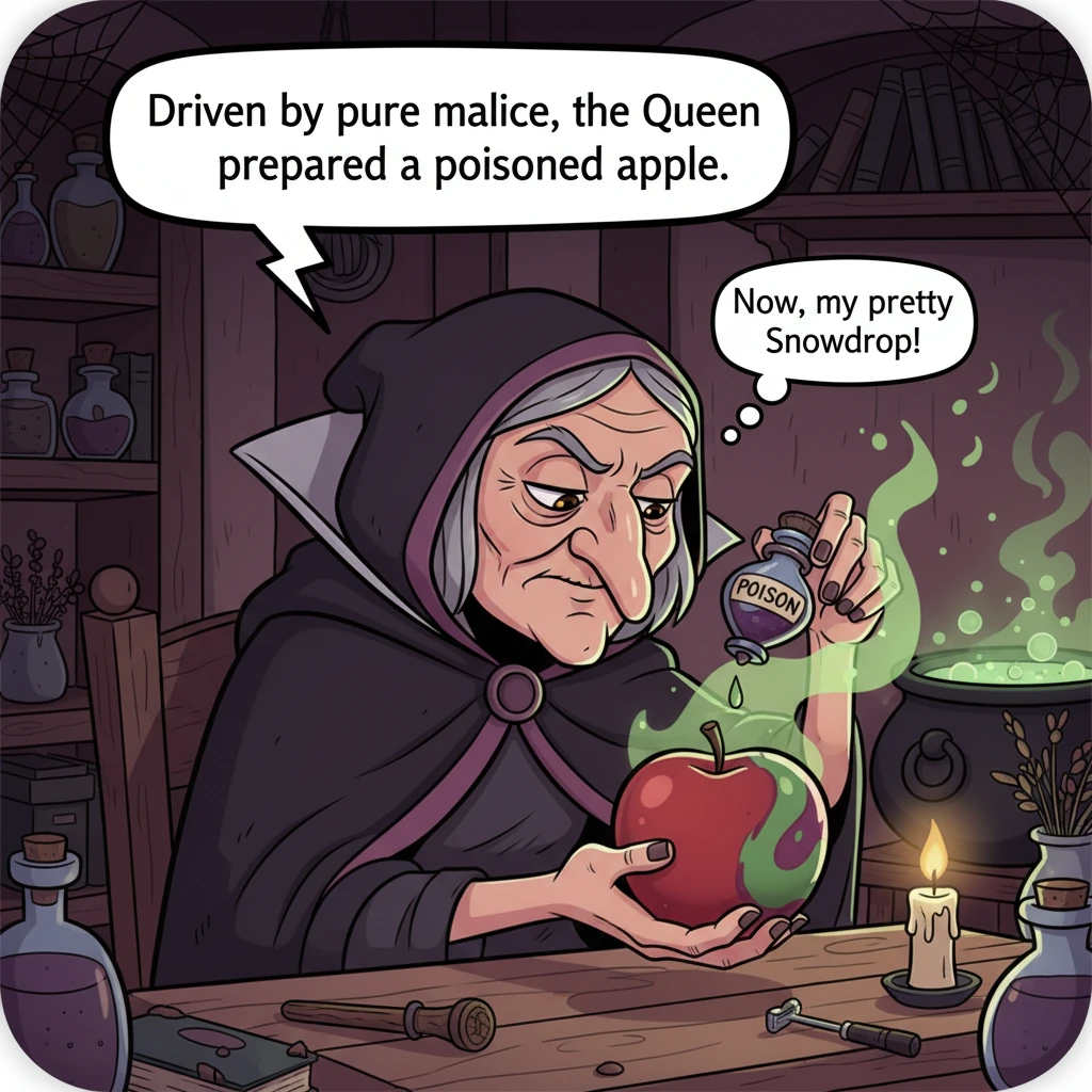 Driven by pure malice, the Queen disguised herself as an old peddler woman. She prepared a shiny, red apple, poisoned on one side.