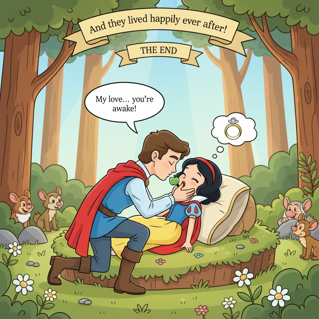Many years later, a handsome Prince rode through the forest and discovered Snowdrop. Enchanted by her beauty, he kissed her, and the piece of poisoned