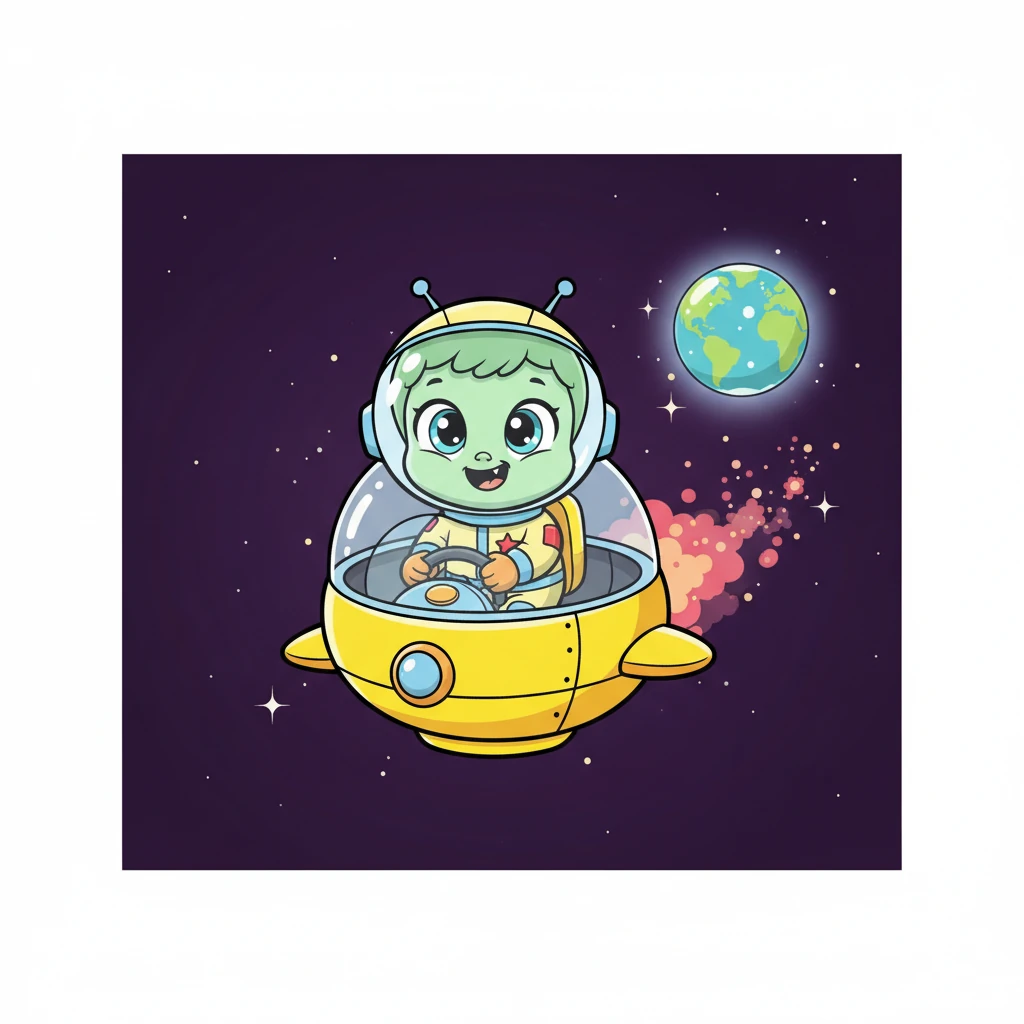 Zorp, a tiny green alien with huge, curious eyes, zoomed through the cosmos in a bubbly, bright yellow spaceship. Its little antennae twitched with excitement as it plotted a course for the shimmering blue planet known as Earth. Zorp couldn't wait to see what wonders awaited it there.