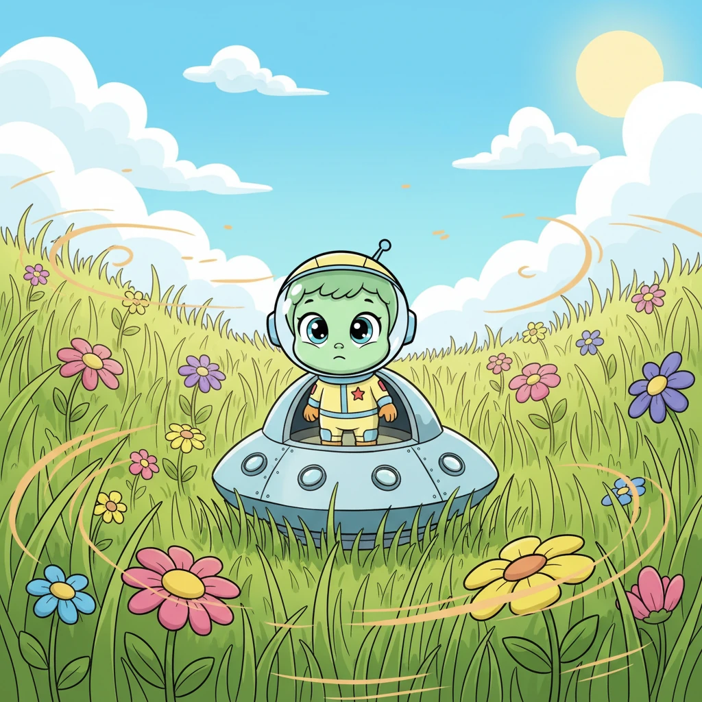 With a gentle hum, Zorp's spaceship landed softly in a vibrant meadow filled with tall, swaying grass and colorful wildflowers. The ship's hatch slowly hissed open, revealing a world unlike anything Zorp had ever imagined. A warm breeze rustled its tiny suit.