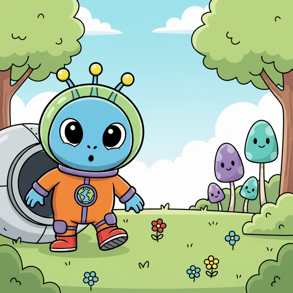 Zorp carefully peeked out, its large eyes wide with wonder and a hint of nervousness. The air smelled fresh and sweet, and strange, delightful sounds filled the air. It took a brave little step onto the soft, green grass, feeling the Earth beneath its tiny feet.