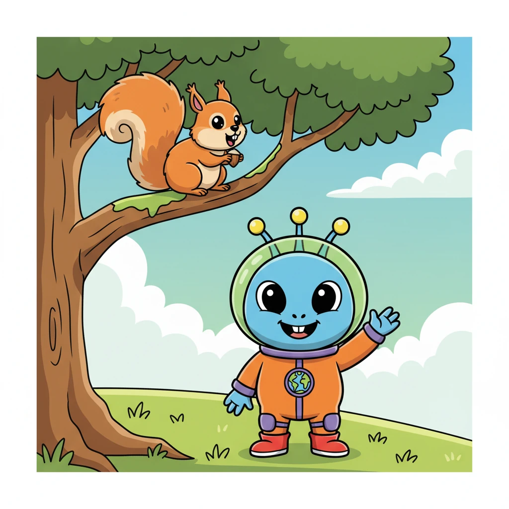 A fluffy, bushy-tailed squirrel, perched on a nearby tree branch, chattered curiously at the newcomer. Zorp's eyes widened even further, a huge smile spreading across its face. It waved a tiny three-fingered hand, delighted by its first Earth friend.