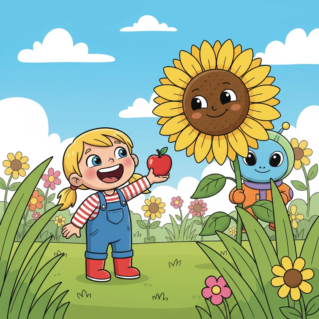 Soon, a small child named Lily, with bright red boots and a joyful laugh, discovered Zorp hiding behind a giant, cheerful sunflower. Lily wasn't scared; instead, her eyes sparkled with excitement at the sight of the friendly alien. She held out a shiny red apple.