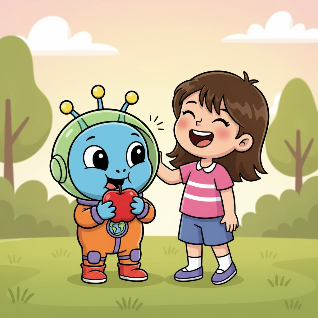 Zorp cautiously took a bite of the apple, its face scrunching up in a comical expression of surprise and delight. Lily giggled, and Zorp let out a happy little squeak. They quickly became fast friends, sharing stories without needing any words.