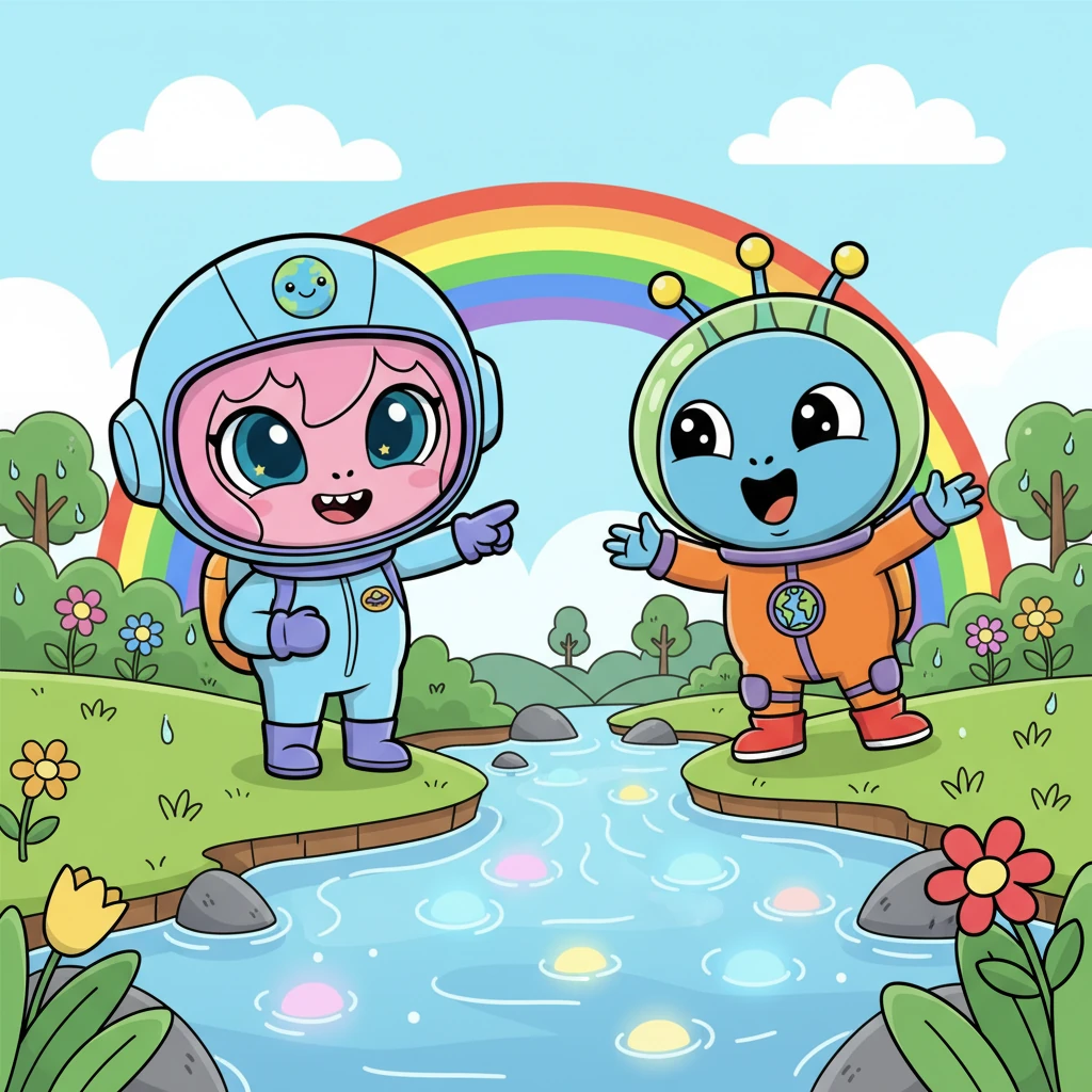 Lily showed Zorp her favorite spot by a sparkling stream, where pebbles glowed under the clear water and a rainbow arched across the sky after a gentle rain. Zorp gasped, its antennae wiggling with pure joy at the Earth's incredible beauty. Everything felt magical.