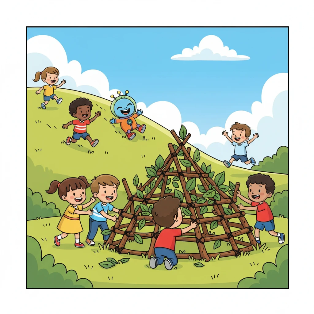 More children joined them, drawn by Lily's happy shouts and Zorp's infectious enthusiasm. They played games, rolled down grassy hills, and built a magnificent fort out of sticks and leaves. Zorp felt a warmth in its tiny chest it had never felt before.