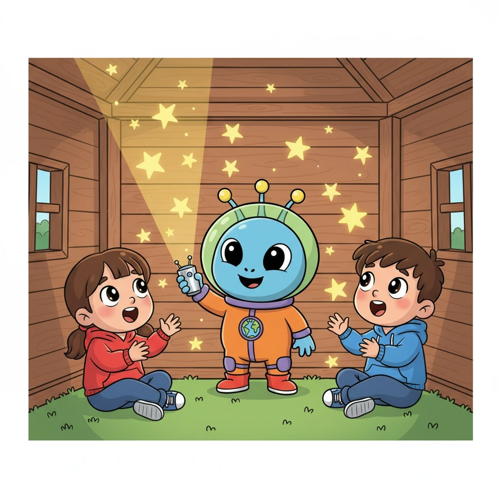 Zorp proudly showed its new friends a tiny, shimmering gadget from its spaceship that projected playful star patterns onto the fort walls. The children gasped with delight, imagining they were flying through space with Zorp. It was an unforgettable day of shared wonders.