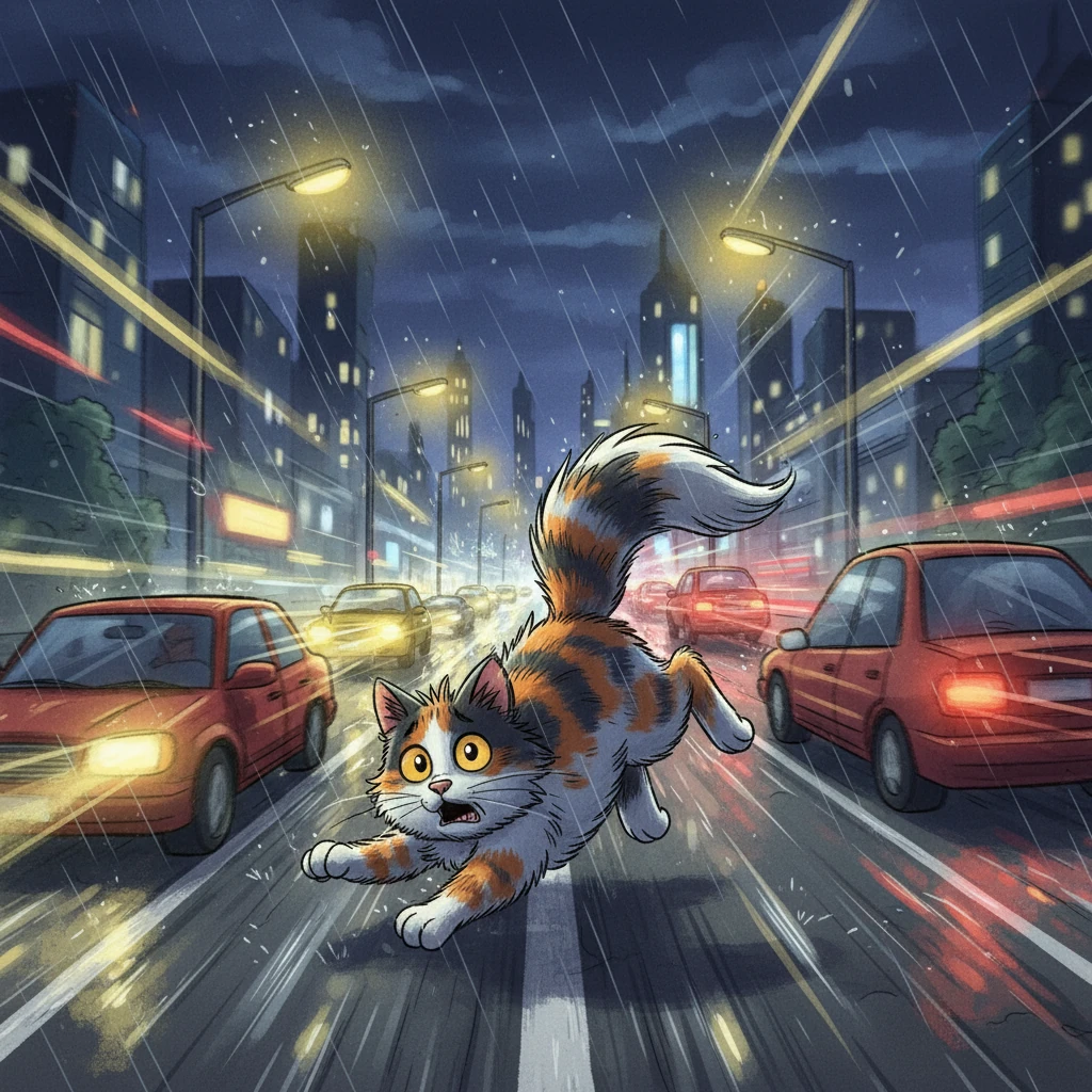 Running blindly, Mittens stumbled and tumbled through the darkness. She ended up on a busy road, the lights and sounds of cars completely overwhelming her. Everything was new and scary.