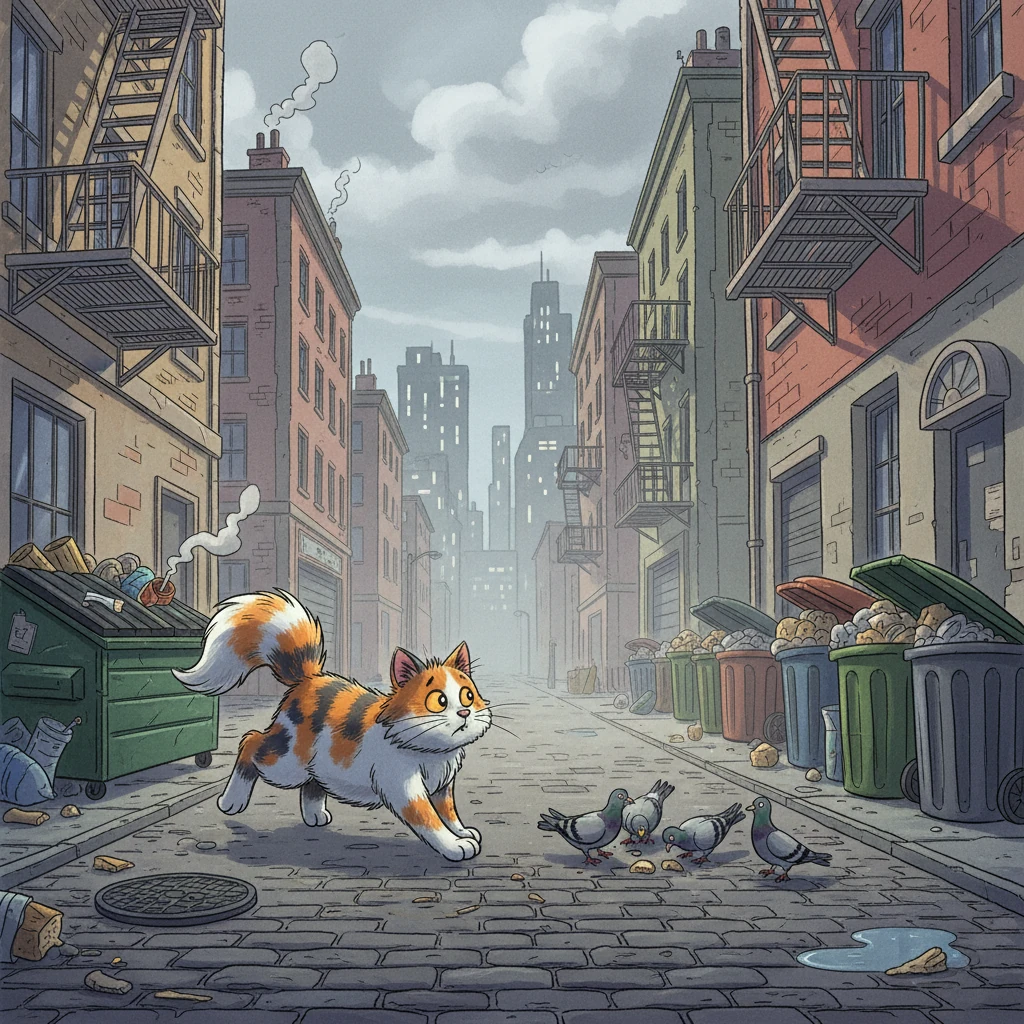 Lost and alone, Mittens cautiously explored her new surroundings. Tall buildings scraped the sky and strange smells filled the air. She spotted a group of pigeons pecking at some breadcrumbs, but she was too shy to approach.