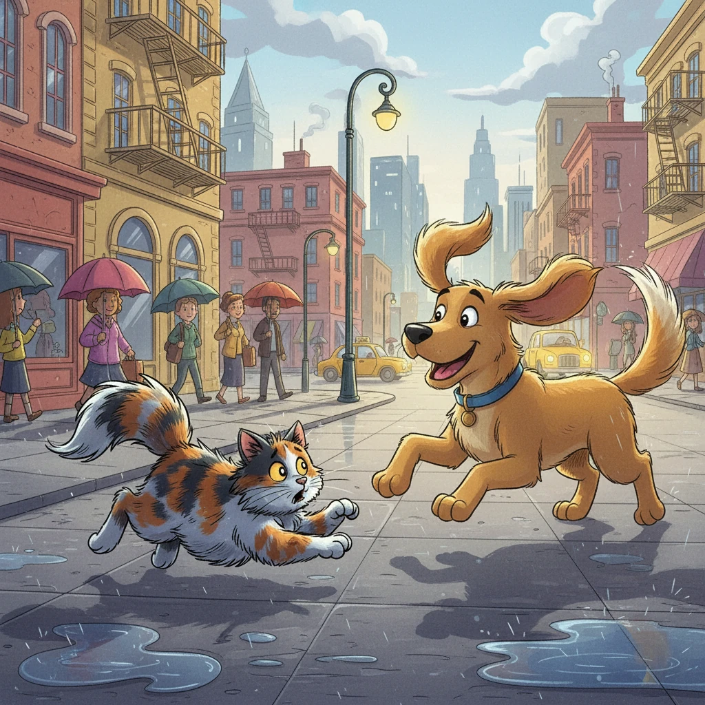 Suddenly, a friendly dog with floppy ears bounded over, wagging its tail. His name was Buster, and he was a city dog, used to all the chaos. He seemed excited to have a new friend.