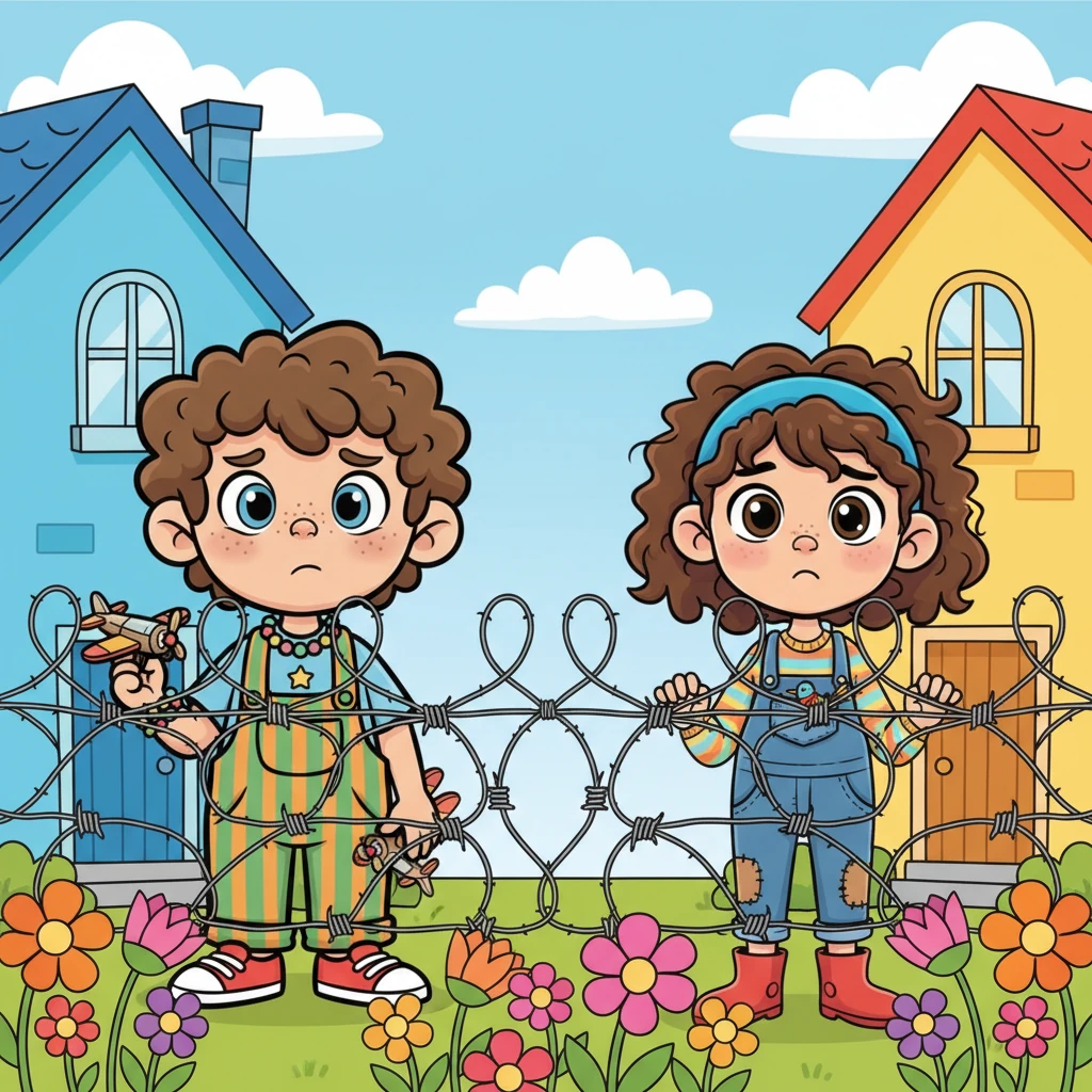 The vibrant village was split down the middle by a wobbly, exaggerated barbed-wire fence, separating the Phan family's bright blue house from the Trinh family's cheerful yellow one. Young Nam from the Phan side and sweet An from the Trinh side often peeked through the wires, their hearts heavy with the ancient, silly feud that kept them apart. The air crackled with unspoken longing, a stark contrast to the colorful flowers blooming stubbornly along the hostile barrier.