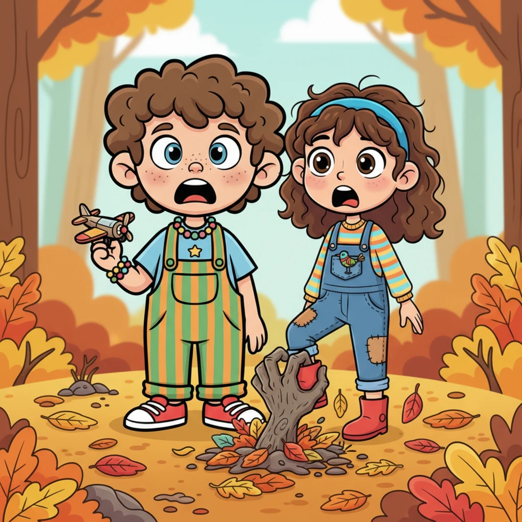 Suddenly, a gnarled, shadowy hand, dry and grey like old bark, slowly clawed its way out from beneath a pile of decaying leaves. It reached out with surprising speed, its bony fingers curling tightly around An's ankle. Both children gasped, their cheerful faces contorting into cartoonish masks of pure shock and terror.