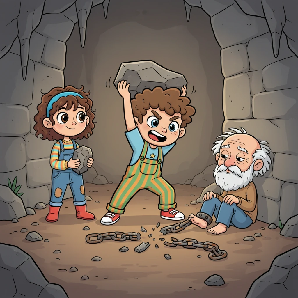 Determined to right the wrongs, Nam, with An bravely by his side, found a sturdy rock and with mighty swings, shattered the old chain. The grandfather, blinking in the dim light, slowly began to stir, a glimmer of recognition sparking in his eyes as he took his first free breath in years. It was a powerful moment of liberation.