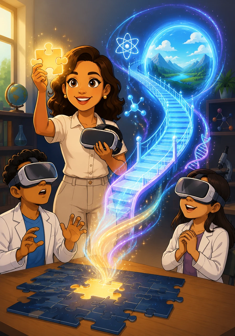 Motivada por sus estudios de posgrado en la RED IBAI, Ana María encontró la pieza que faltaba en su rompecabezas pedagógico. La realidad virtual se presentó ante ella como un puente mágico capaz de unir la teoría científica con una experiencia sensorial profunda y envolvente.