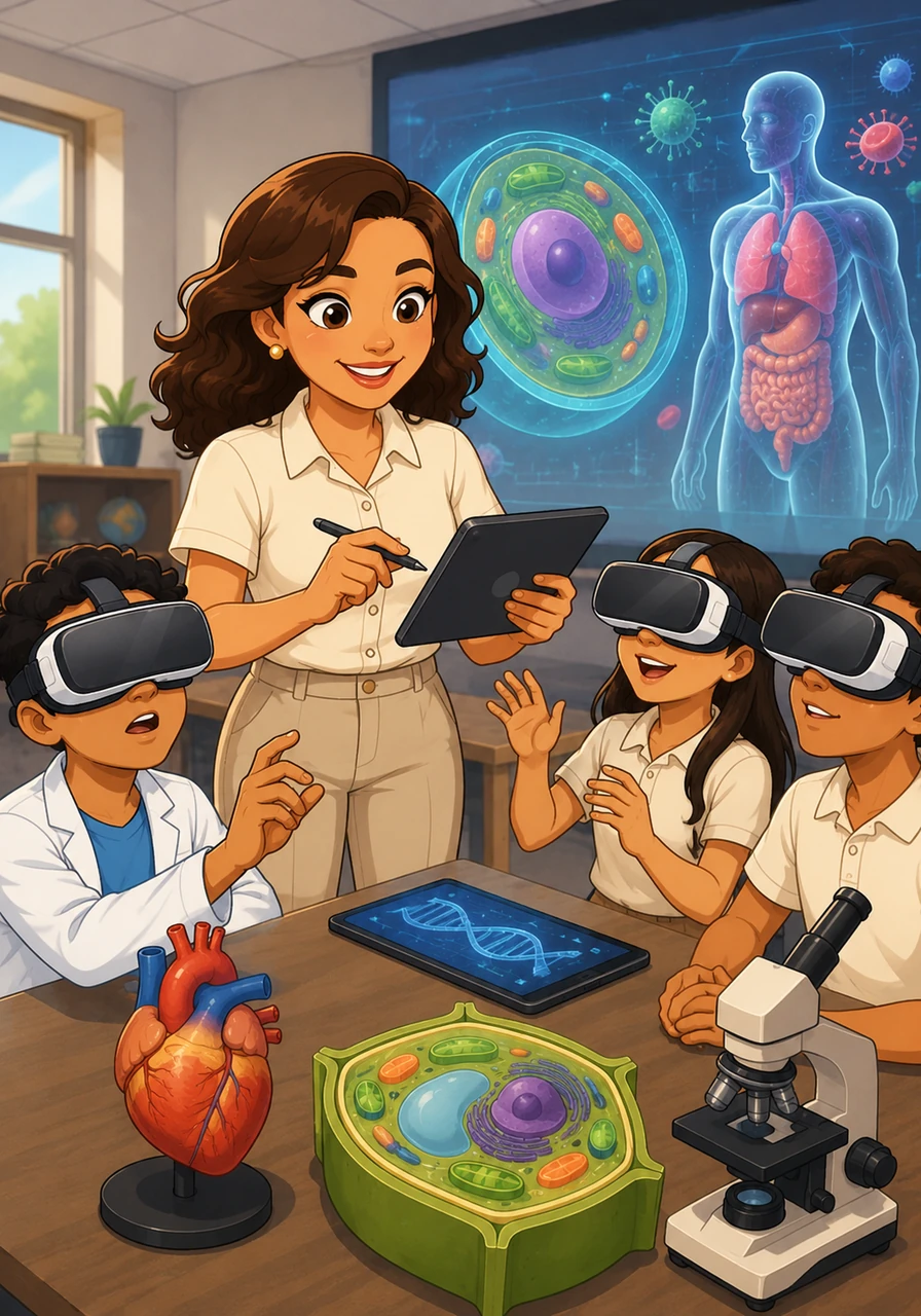 Con determinación y visión tecnopedagógica, Ana María comenzó a diseñar un proyecto innovador para integrar lentes de realidad virtual en sus clases. Su objetivo era convertir el salón de clases en un laboratorio digital donde los secretos de la vida se revelaran ante los ojos de sus estudiantes.