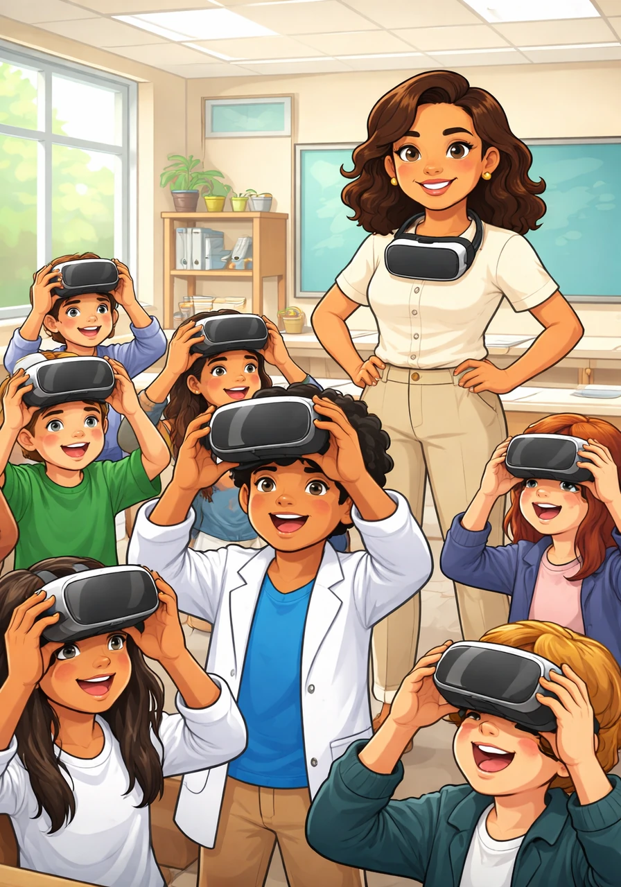 El día de la implementación, el aula se llenó de una energía eléctrica mientras los estudiantes sostenían los visores de realidad virtual por primera vez. Ana María sonreía con orgullo, sabiendo que estaba a punto de abrir una ventana hacia una nueva dimensión del conocimiento médico.