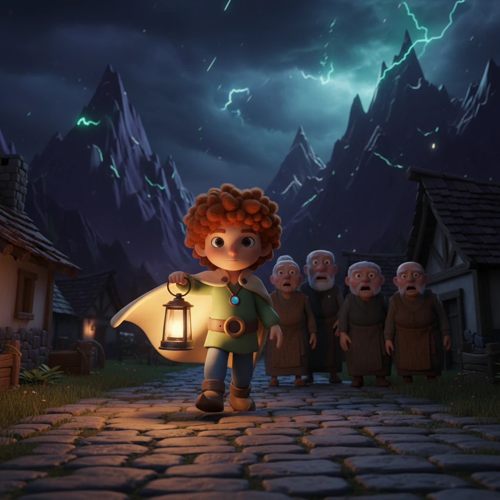 In a quiet, ancient village nestled between towering, shadow-draped mountains, young Arin stands bravely amidst fearful elders. A fierce wind howls around them, and strange lights flicker across the dark sky, signaling the awakening of an old legend. Arin, holding a simple lantern, steps forward, ready to answer the mountain's call.