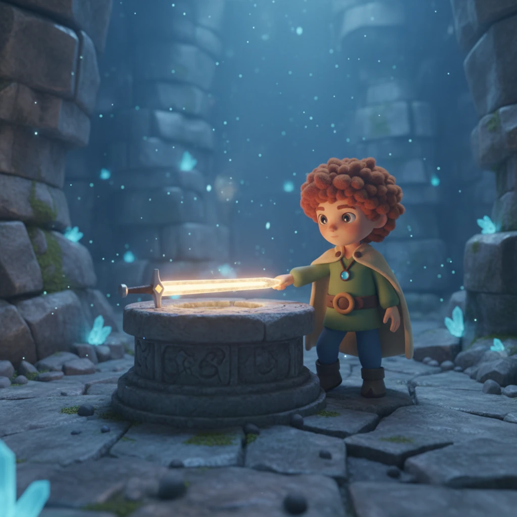 Deep within the Cave of Echoes, ancient magic shimmers in the air, casting an ethereal blue glow. Arin, having navigated treacherous terrain, approaches a weathered stone pedestal at the cave's heart. Resting upon it is the sacred sword, glowing faintly with an inner light, awaiting its destined hero.