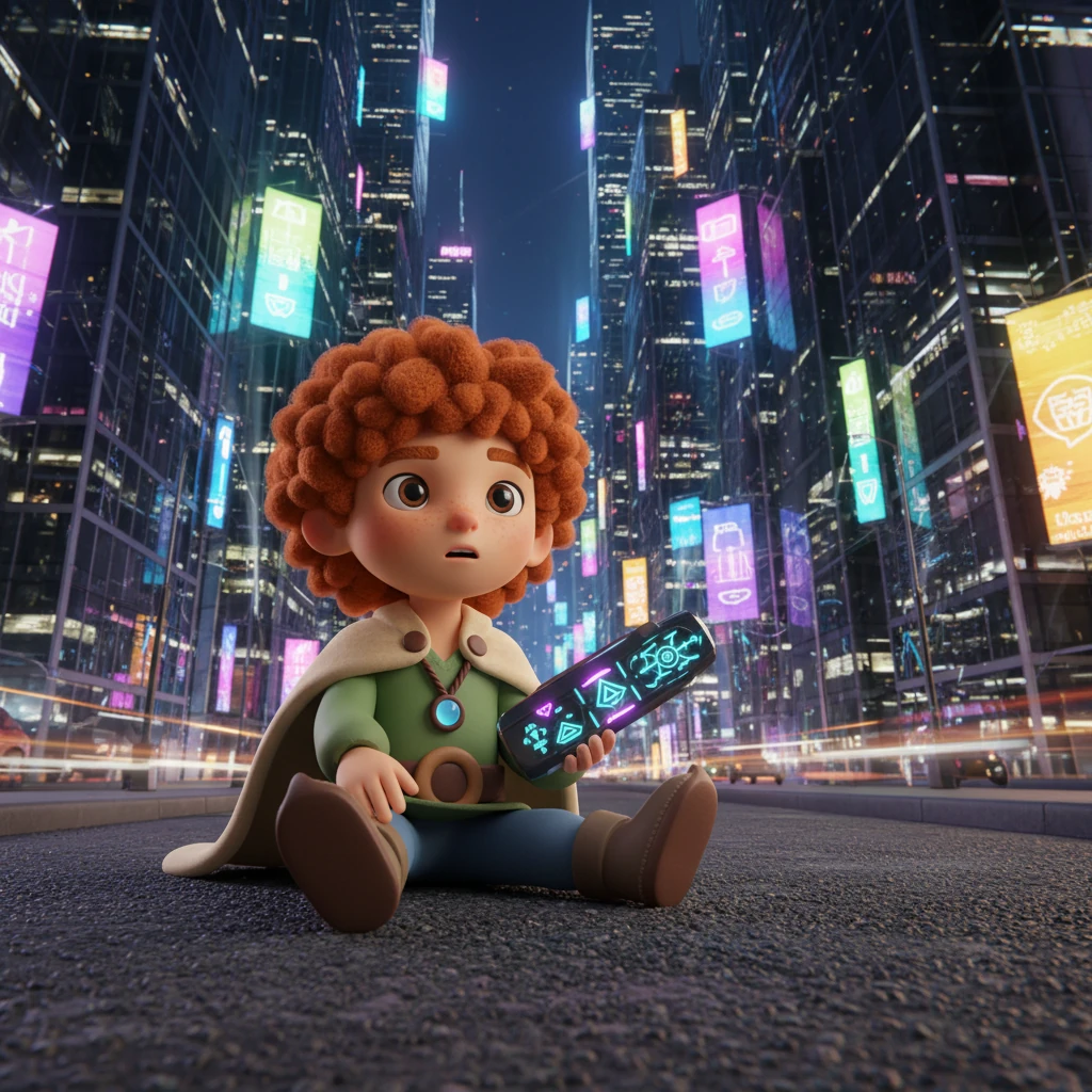 The world dissolves into blinding white, and Arin awakens on cold, gritty pavement, utterly disoriented. Above him soar impossibly tall buildings of glass and steel, bathed in the flashing lights of a vibrant, bustling metropolis. The sacred sword in his hand has transformed into a sleek, metallic device adorned with glowing, unfamiliar symbols.