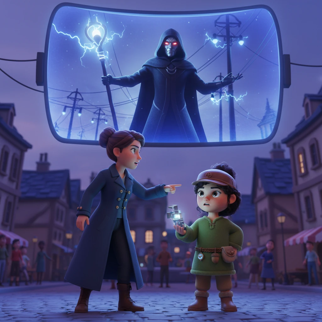 Detective Mira Santos, a woman in a long coat, confronts Arin, pointing at the transformed device in his hand, identifying it as a stolen artifact. Suddenly, a giant screen above the city square flickers to life, revealing a masked villain who boasts about controlling the city's energy grid. Mira's eyes widen, realizing Arin's legend might be more than just a story.
