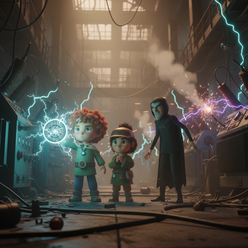 Inside a vast, abandoned power station, Arin and Mira face the sneering villain amidst sparking machinery and glowing energy conduits. The metallic device in Arin's hand pulses with light, its symbols aligning with the surrounding energy system. Drawing on both ancient courage and modern reason, Arin activates the device, unleashing a surge of light that neutralizes the villain's control.