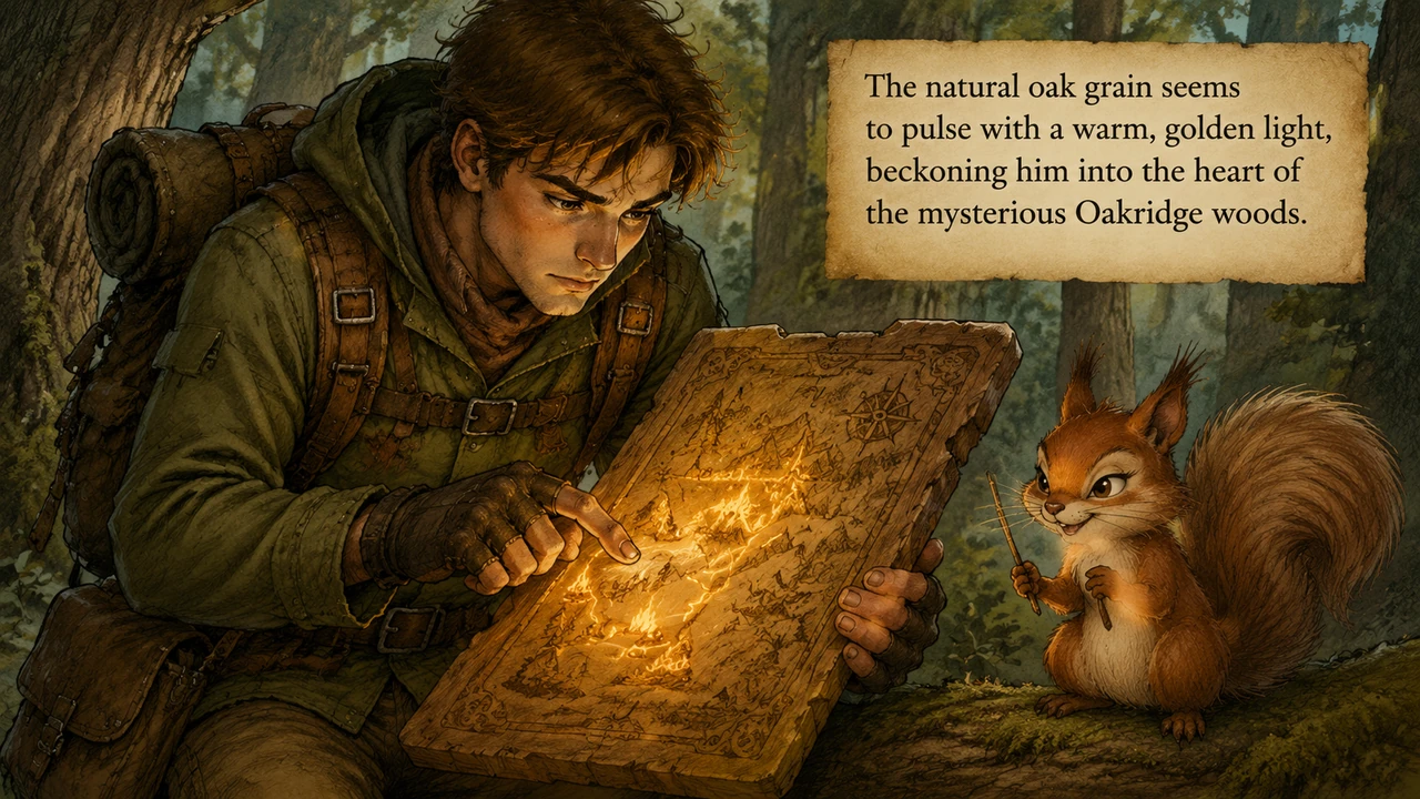 Silas traces his fingers along the deep, hand-carved borders of his grandfather's ancient wooden map, marveling at the detailed engravings of campfire