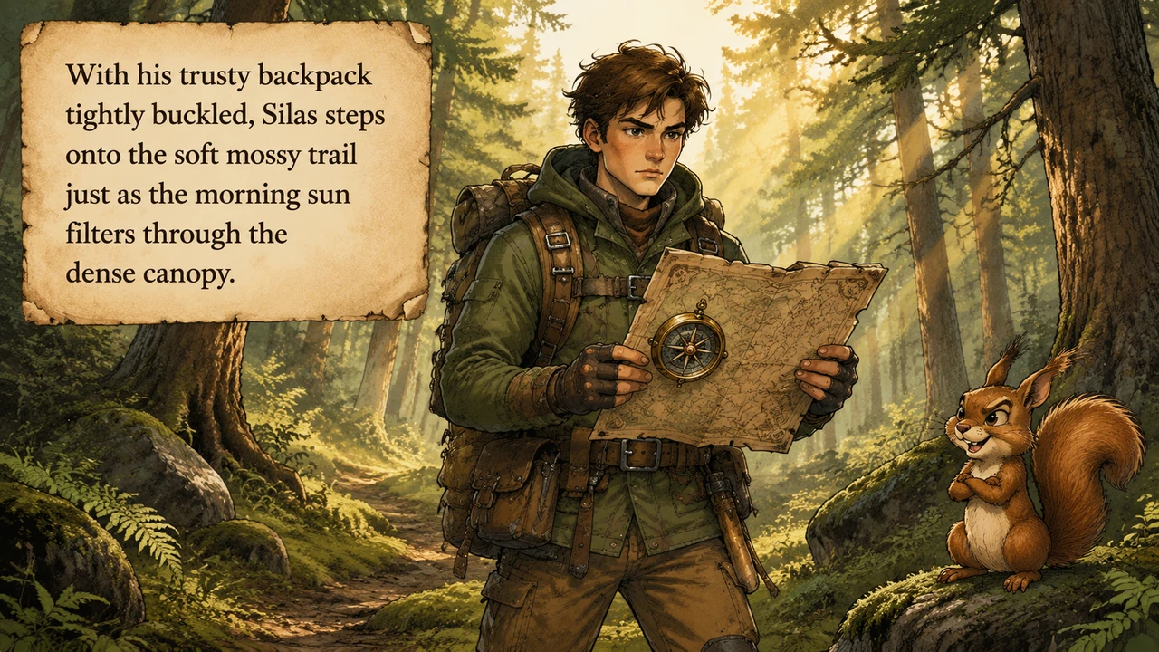 With his trusty backpack tightly buckled, Silas steps onto the soft mossy trail just as the morning sun filters through the dense canopy. The air smel