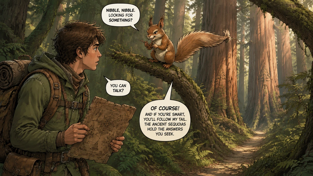 Deep in the forest, Silas encounters a mischievous talking squirrel perched on a low branch, nibbling on what looks like a tiny wooden skewer. The squ