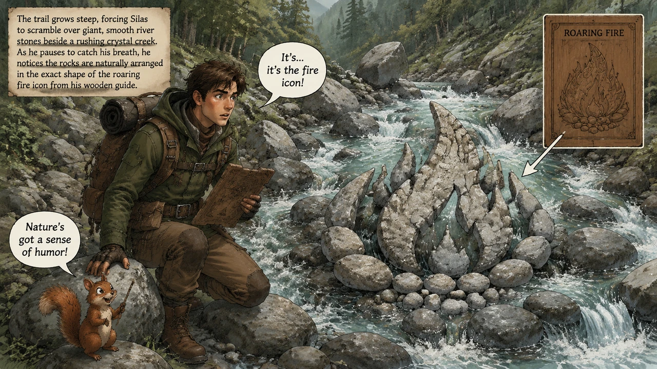 The trail grows steep, forcing Silas to scramble over giant, smooth river stones beside a rushing crystal creek. As he pauses to catch his breath, he