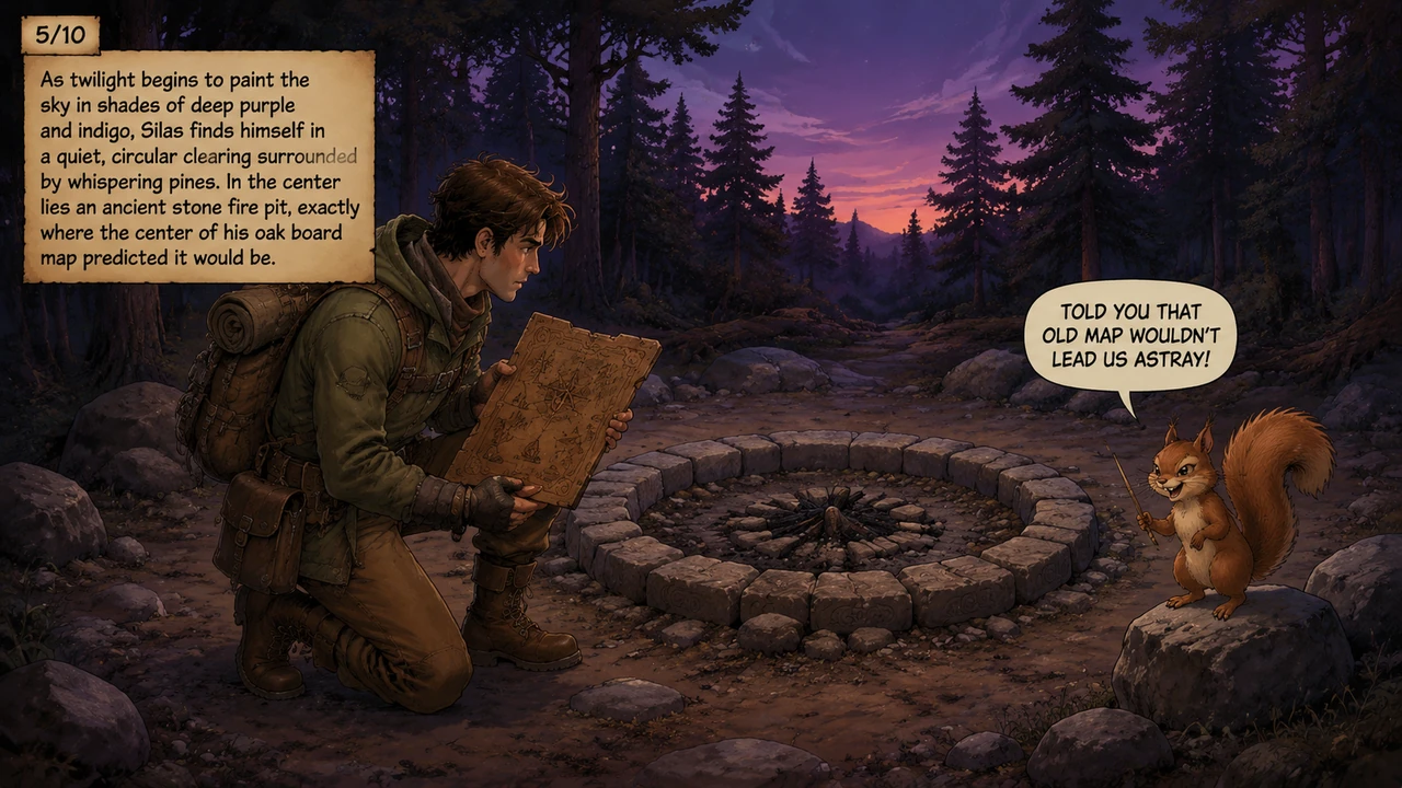 As twilight begins to paint the sky in shades of deep purple and indigo, Silas finds himself in a quiet, circular clearing surrounded by whispering pi