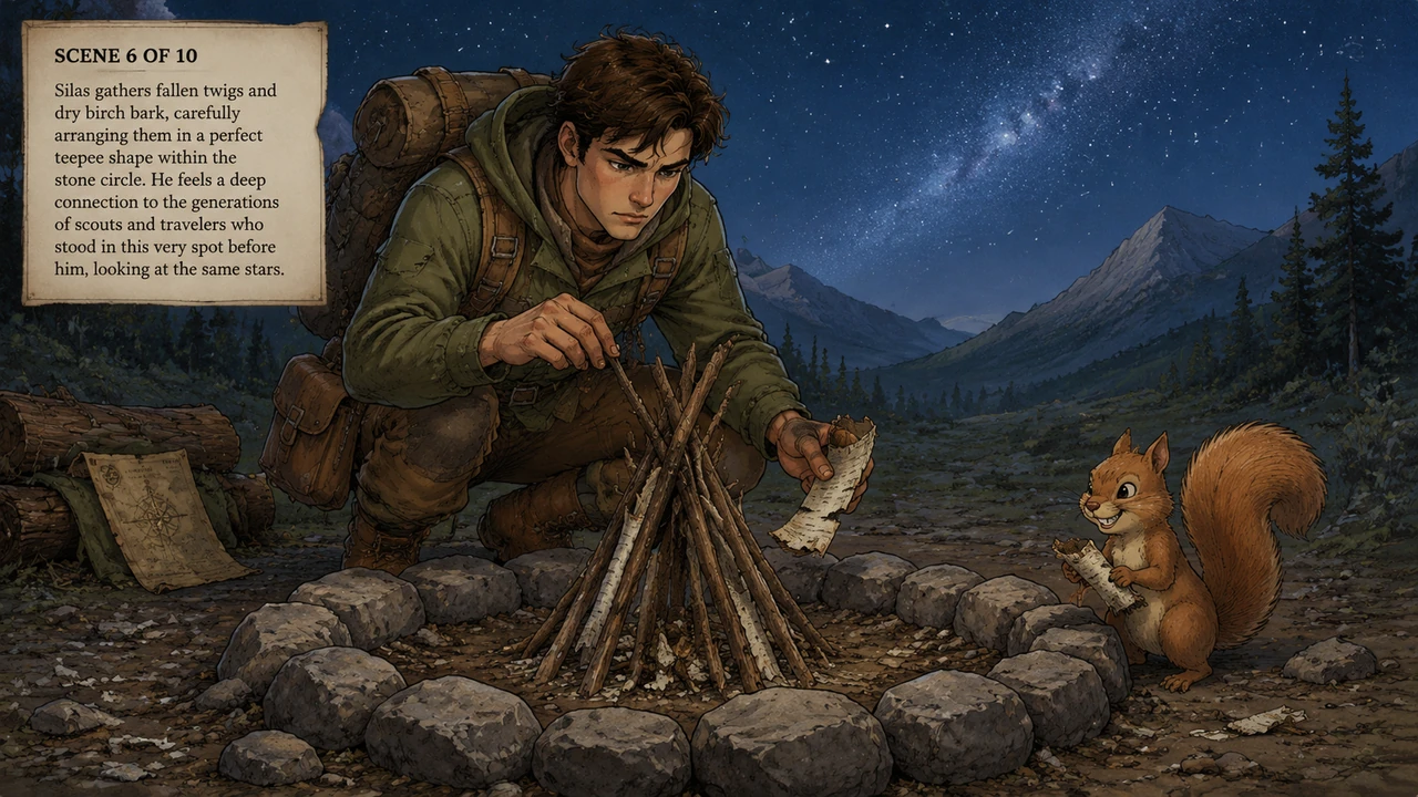 Silas gathers fallen twigs and dry birch bark, carefully arranging them in a perfect teepee shape within the stone circle. He feels a deep connection