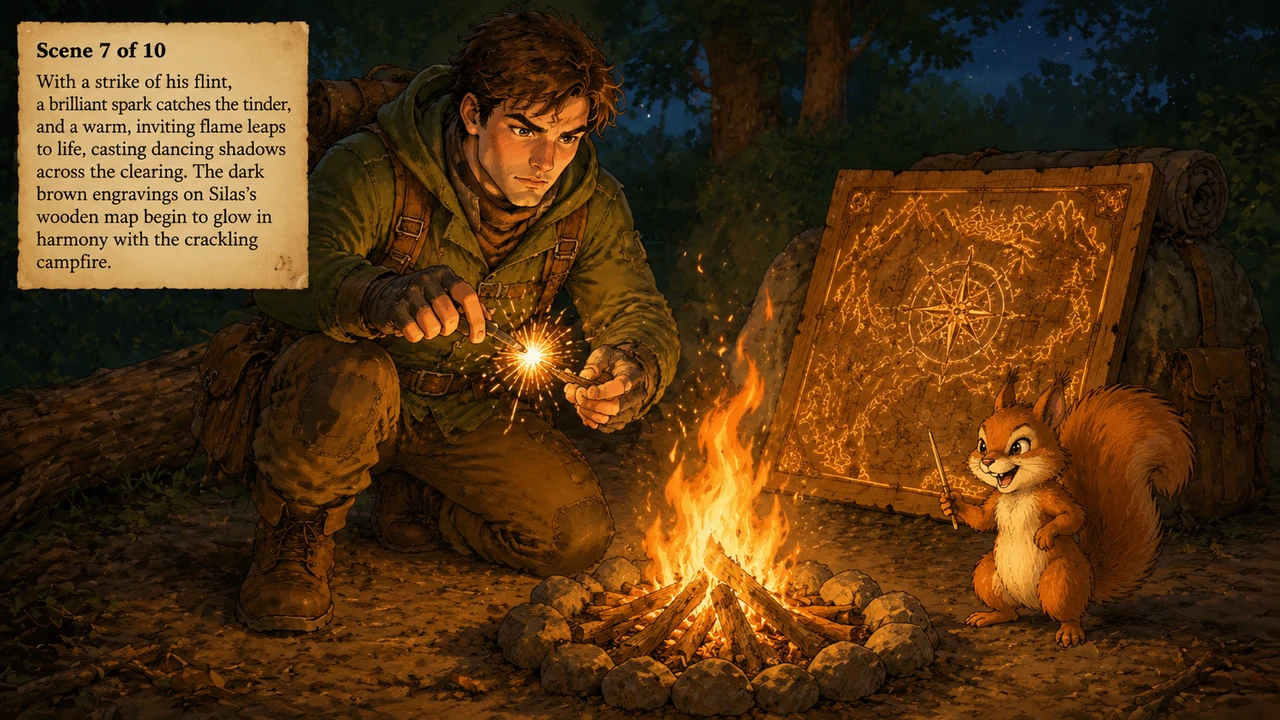 With a strike of his flint, a brilliant spark catches the tinder, and a warm, inviting flame leaps to life, casting dancing shadows across the clearin