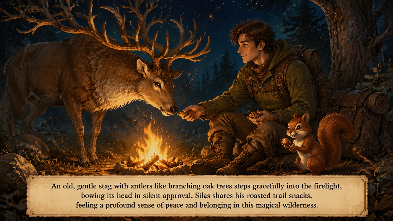 An old, gentle stag with antlers like branching oak trees steps gracefully into the firelight, bowing its head in silent approval. Silas shares his ro