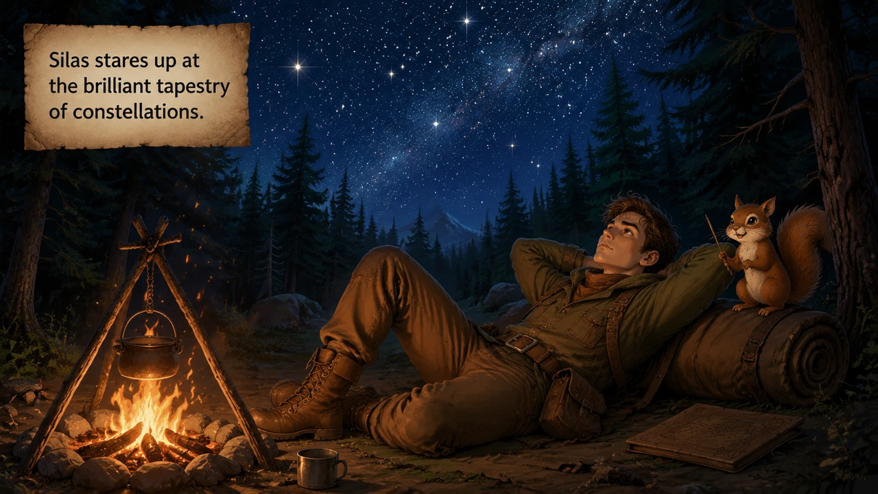 Lying back on his bedroll, Silas stares up at the brilliant tapestry of constellations twinkling through the breaks in the pine trees. The crackling f