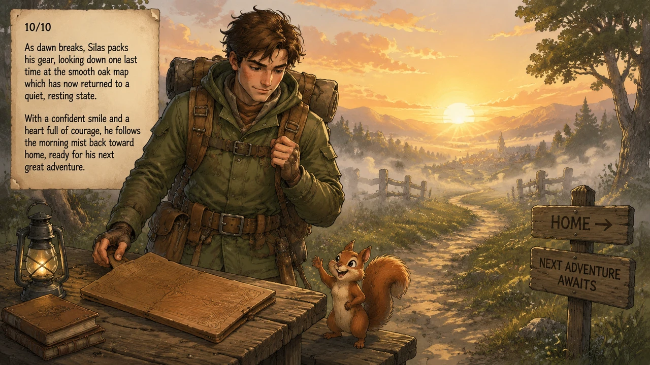 As dawn breaks, Silas packs his gear, looking down one last time at the smooth oak map which has now returned to a quiet, resting state. With a confid
