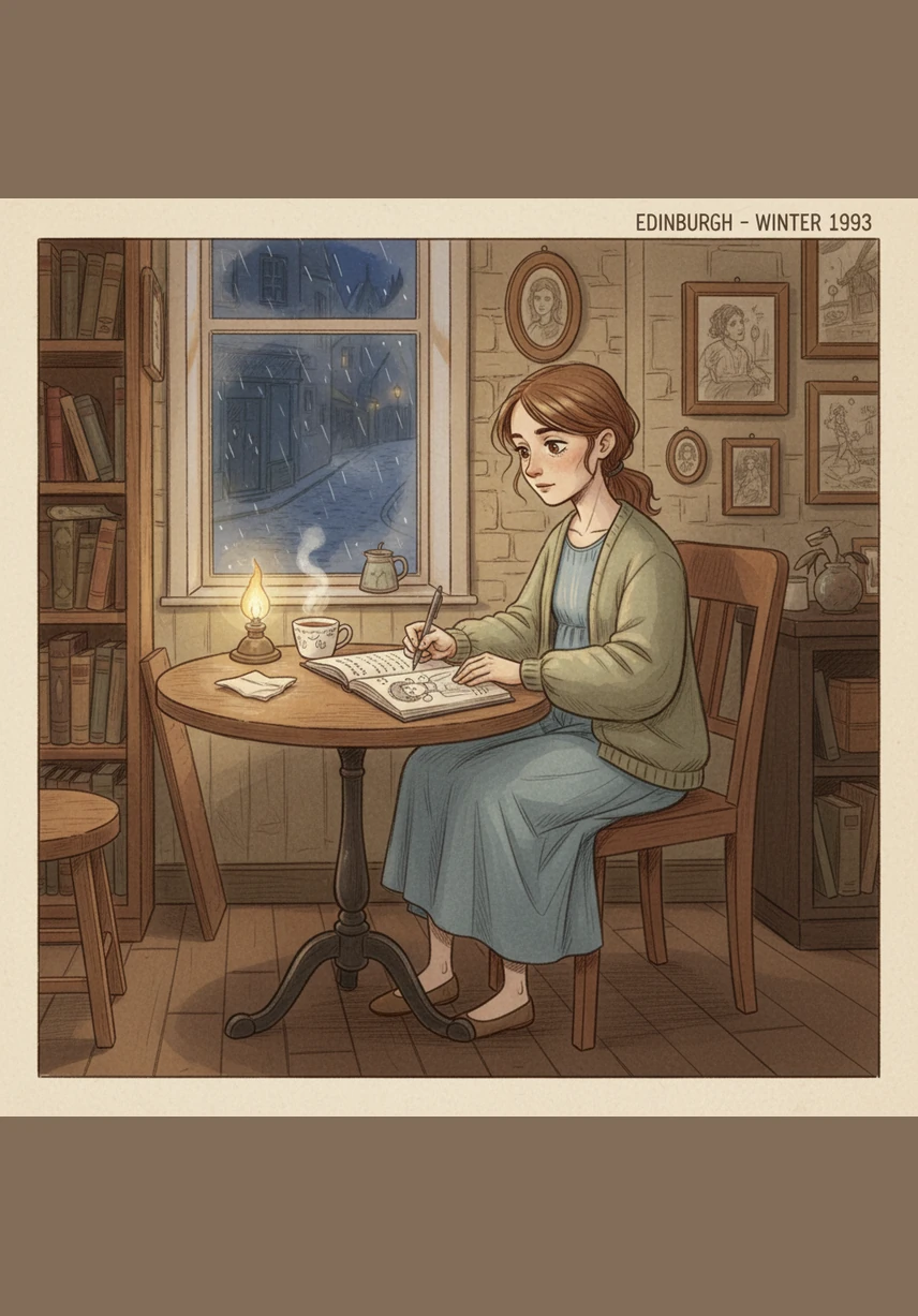 Años más tarde, en la ciudad de Edimburgo, Joanne escribía sin descanso en pequeñas cafeterías mientras su bebé dormía profundamente a su lado. Con solo una taza de café y su vieja máquina de escribir, daba vida a un mundo lleno de hechizos, castillos y dragones.